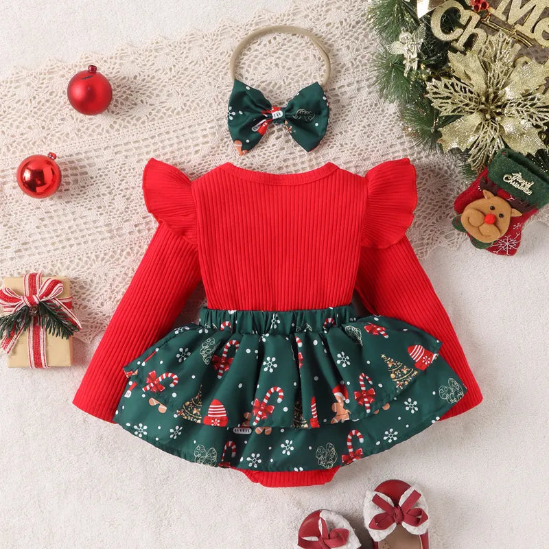 Christmas Newborn Baby Girls Romper with Santa Hat Print & Headband Outfit
