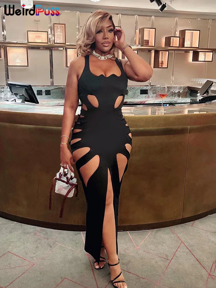 Sexy Hollow Split Maxi Dress for Women - Sleeveless Bodycon Clubwear - Stretchy and Slimming - Coquette Vestidos"