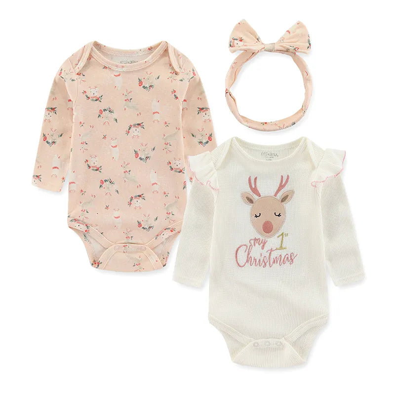 Christmas Baby Sets 3 Pieces New Born Baby Girl Boy Clothes Bodysuits+Pants+Hair Band/hat 0-9M Long Sleeve Letter Print Bebes