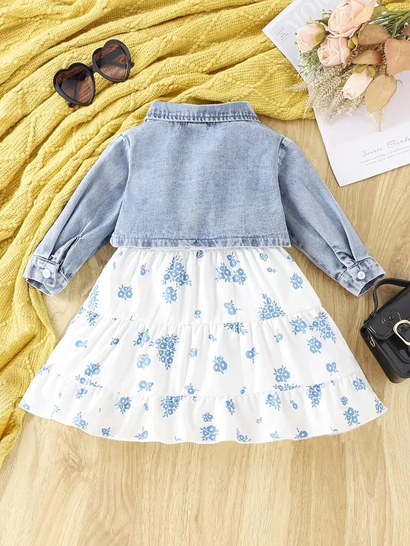 Baby Girl Casual Denim Jacket Blue Flower Pattern 2-Piece Set