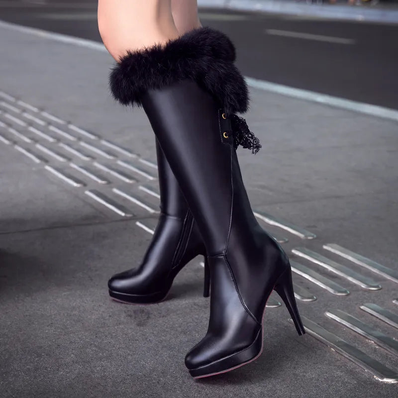 Thick High Heel - Long Boots - Round Toe - Slip-on - Spring/Autumn Shoes - Black/White