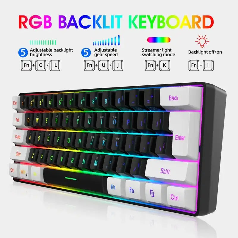 Mini Gaming Keyboard - Wired, Ultra-Compact with RGB Backlight and Waterproof Design - 61 Keys for PC/Mac Gamers