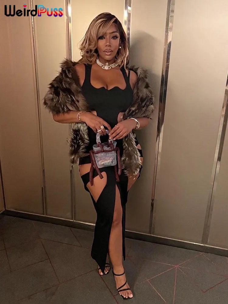 Sexy Hollow Split Maxi Dress for Women - Sleeveless Bodycon Clubwear - Stretchy and Slimming - Coquette Vestidos"