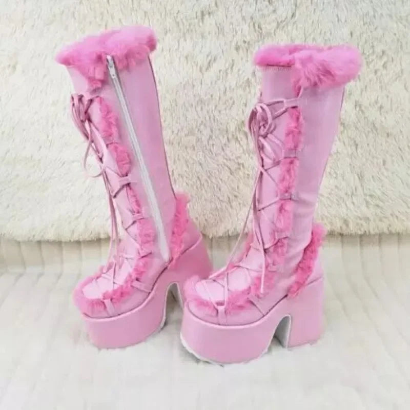 elegant winter husky Wedge High Heel Faux Fur Plush Warm Non-slip boots