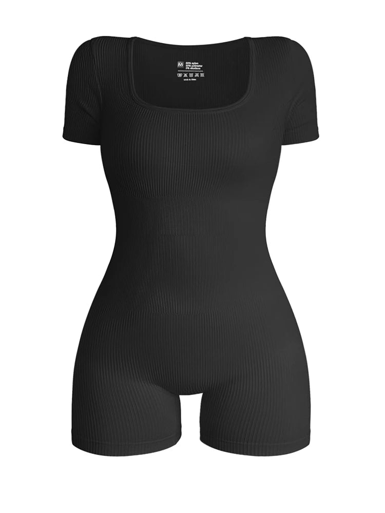 Women's Gym Wear Bodysuit - Short Sleeves, Square Neck, Ribbed Jumpsuit for Yoga and Workouts