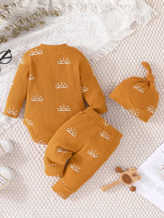 Terno Kid Unisex 0-18 Months Long Sleeve Sun Print Romper and Long Pant with Hat Outfit Toddler Infant Clothing Set Kids Wear