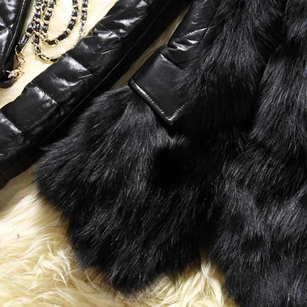Faux Fur Collar Leather Fleece Lining and Faux Rabbit Fur Trim - Winter Luxury Jacket