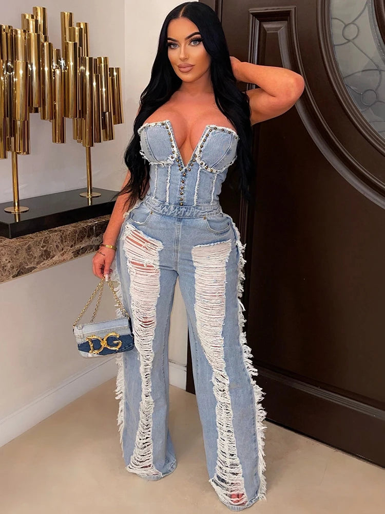 Tassel Hollow Out Denim Overalls for Women with Studded Details