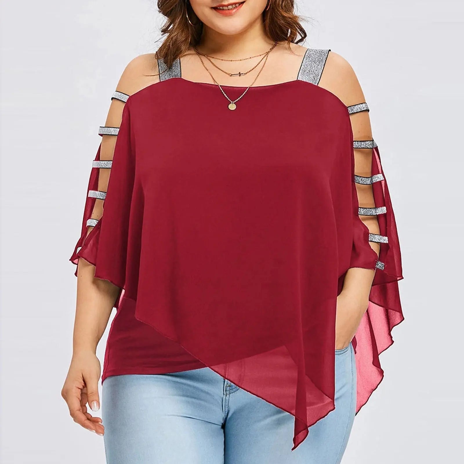 Sexy Fashion Plus Size Tops Women Ladder Sling Cut Overlay Patchwork Hollow Out Blouse Strapless Tops Flare Sleeves Blouse.