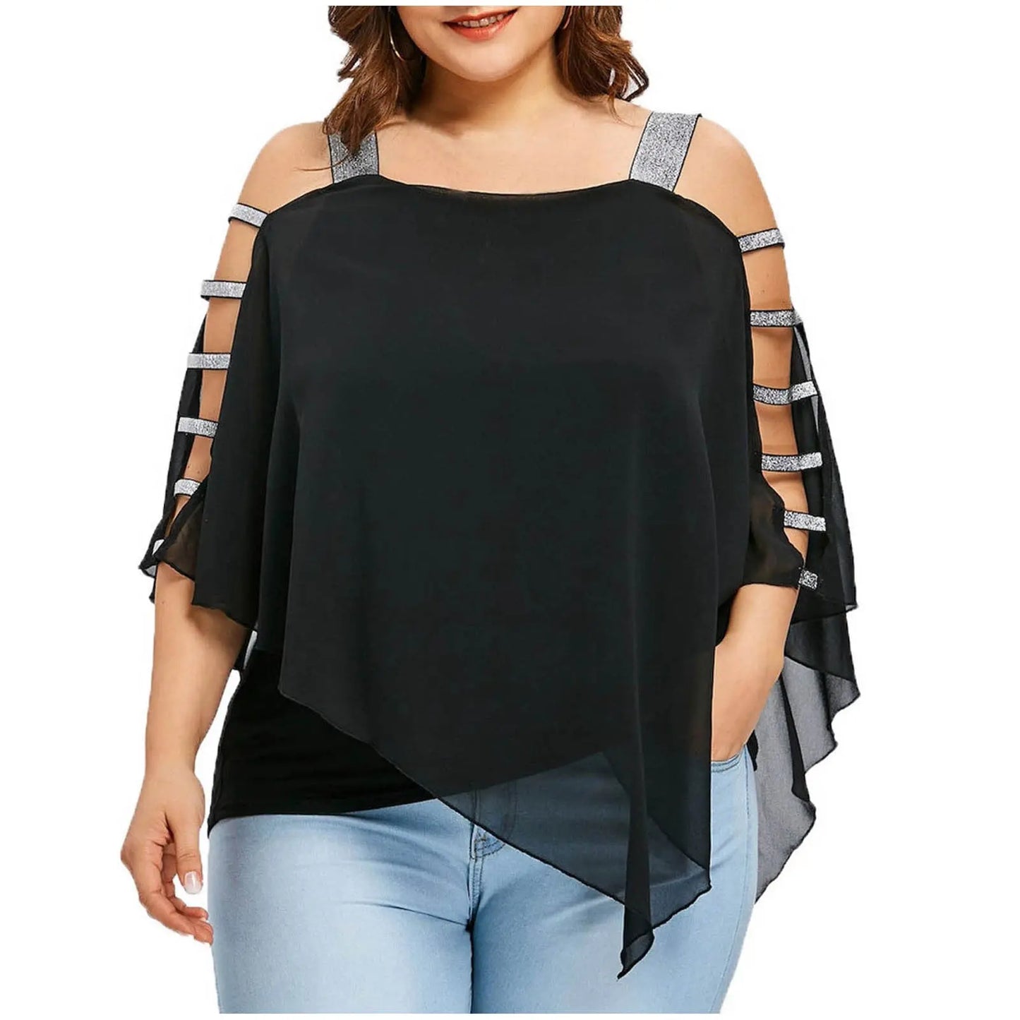 Sexy Fashion Plus Size Tops Women Ladder Sling Cut Overlay Patchwork Hollow Out Blouse Strapless Tops Flare Sleeves Blouse.