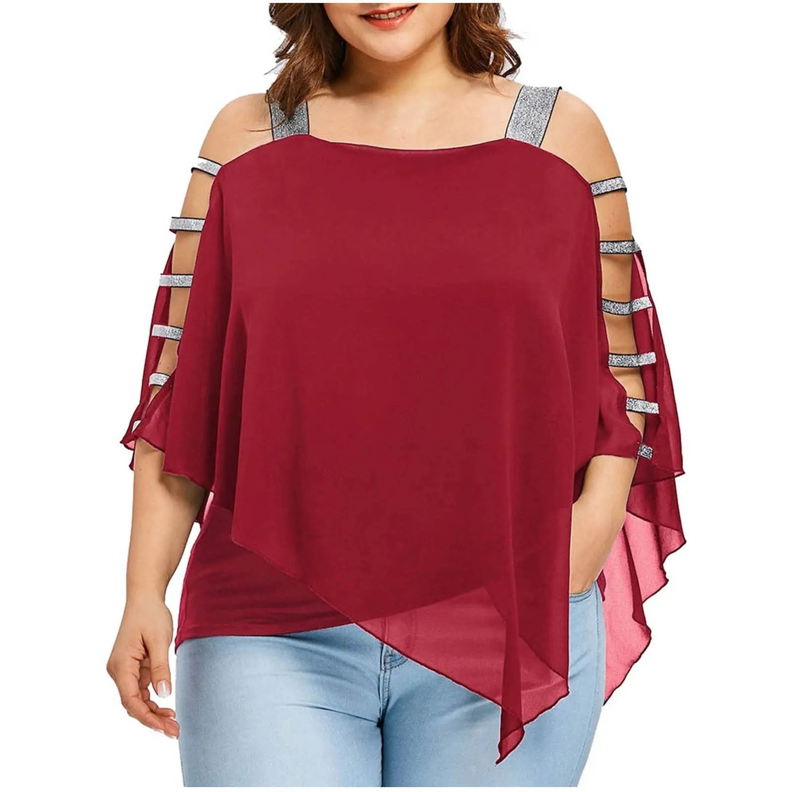 Sexy Fashion Plus Size Tops Women Ladder Sling Cut Overlay Patchwork Hollow Out Blouse Strapless Tops Flare Sleeves Blouse.