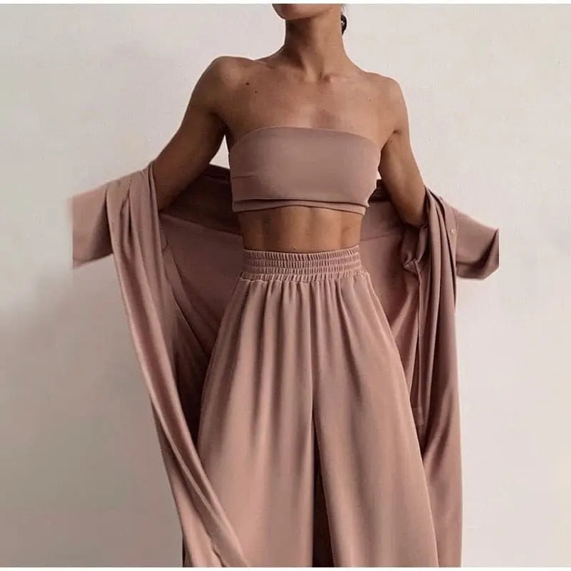 Spring Soft Women Three Piece Set Fashion Wrap Cardigan Tops And High Waist Pants Suit Female Casual Simple Tracksuits Homewear.