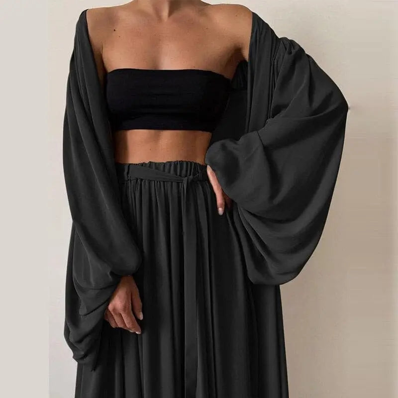Spring Soft Women Three Piece Set Fashion Wrap Cardigan Tops And High Waist Pants Suit Female Casual Simple Tracksuits Homewear.