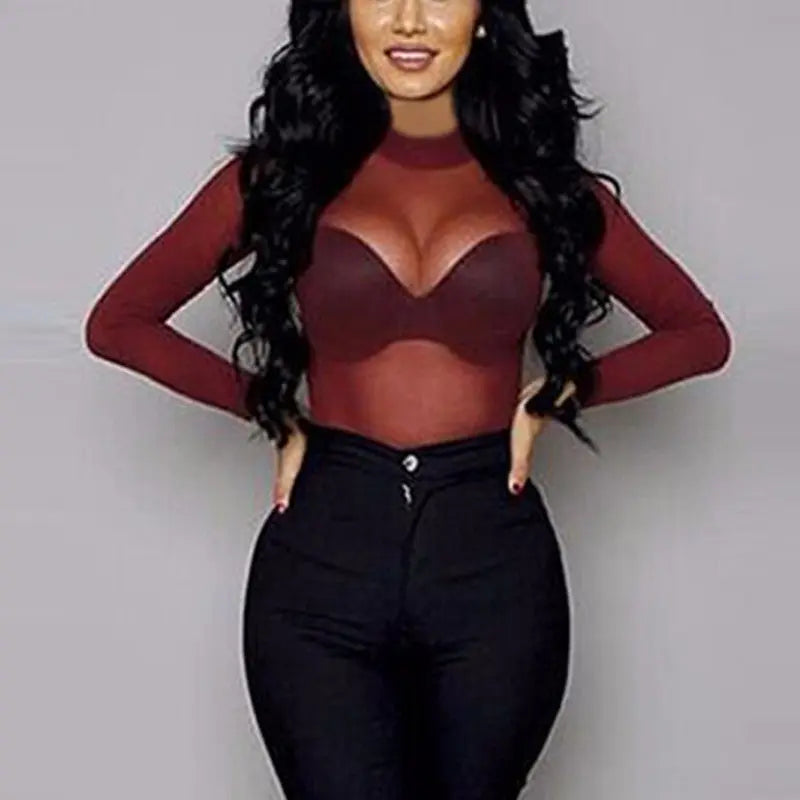 Transparent Long-sleeved elastic tight mesh T-shirt.