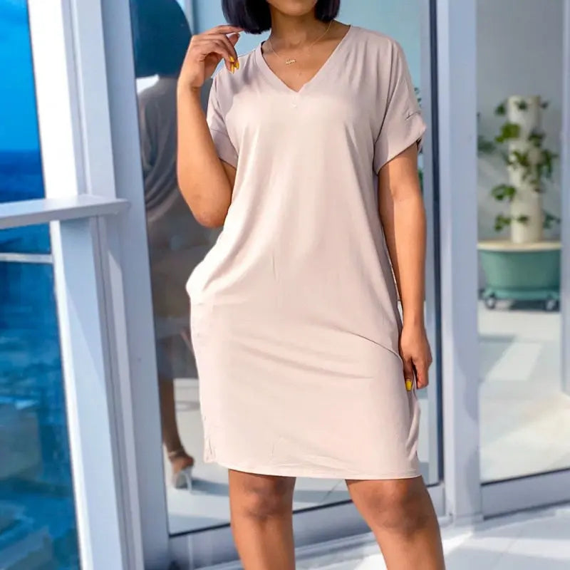 Wenkouban Plus Size 3XL Casual Pockets Dresses Women Short Sleeve V-Neck Straight Sundress Summer Loose Femme Kawaii Mini Dress.