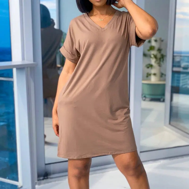 Wenkouban Plus Size 3XL Casual Pockets Dresses Women Short Sleeve V-Neck Straight Sundress Summer Loose Femme Kawaii Mini Dress.