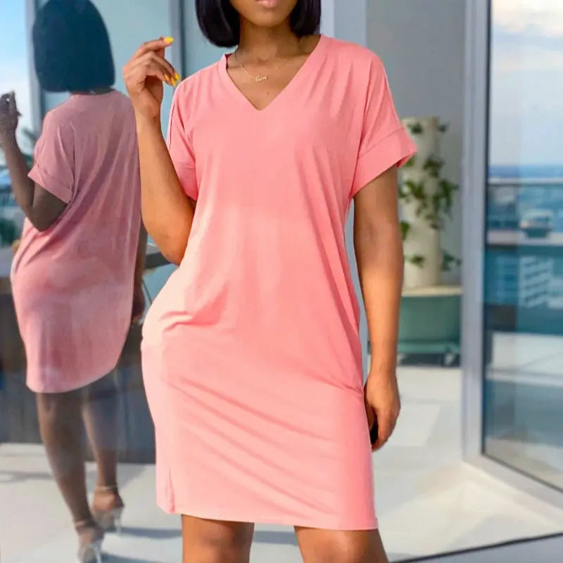 Wenkouban Plus Size 3XL Casual Pockets Dresses Women Short Sleeve V-Neck Straight Sundress Summer Loose Femme Kawaii Mini Dress.