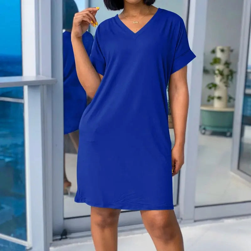 Wenkouban Plus Size 3XL Casual Pockets Dresses Women Short Sleeve V-Neck Straight Sundress Summer Loose Femme Kawaii Mini Dress.