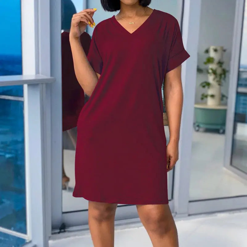 Wenkouban Plus Size 3XL Casual Pockets Dresses Women Short Sleeve V-Neck Straight Sundress Summer Loose Femme Kawaii Mini Dress.