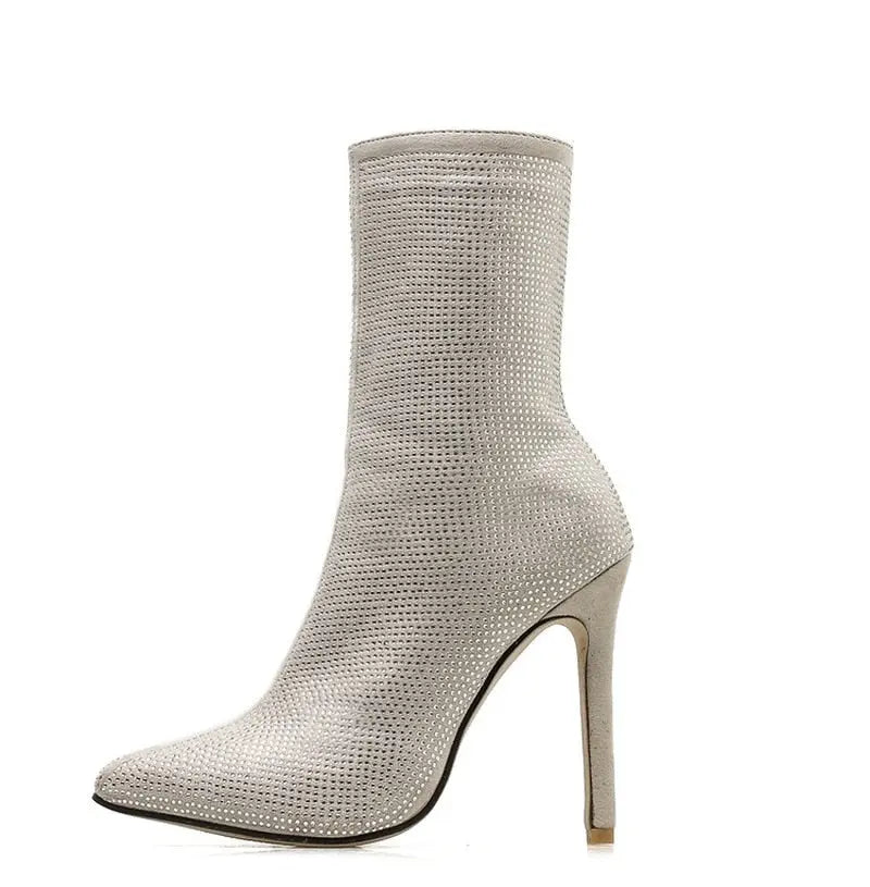 Women Ankle Boots Plus Size 35-42 Rhinestones High Heels Shoes Woman Zip Pointed Toe Sexy Motorcycle Boots For Females.