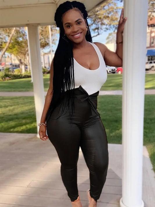 Womens Pants PU Leather High Waist Belt Sexy Skinny Pants.