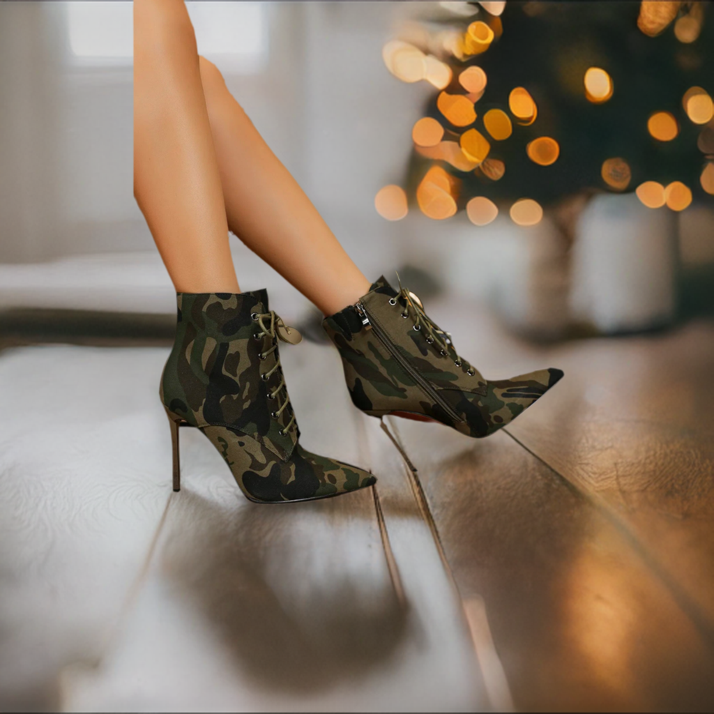 "Army Green Camouflage Winter Boots | Laced Up | High Heel | New Arrival | Big Discount | Ladies Booties | Best Seller"