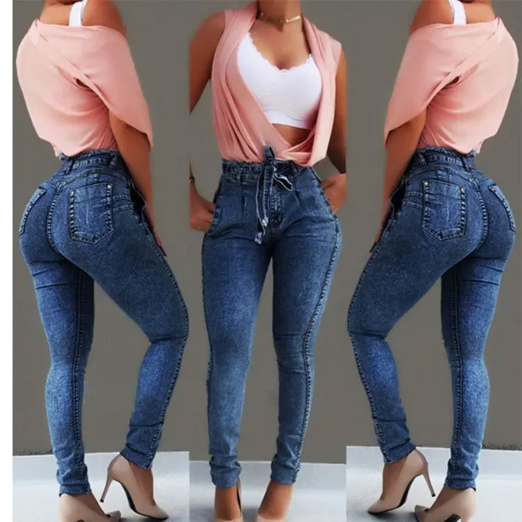 hot sale women's slim fit stretch fringed belt high waist jeans.