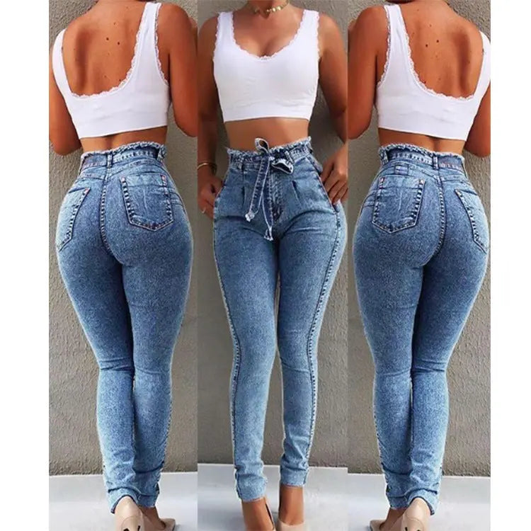 hot sale women's slim fit stretch fringed belt high waist jeans.