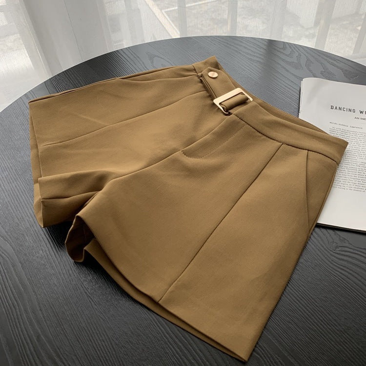 Hanging buckle high waist casual pants A word retro hundred looks thin solid color wide legs.