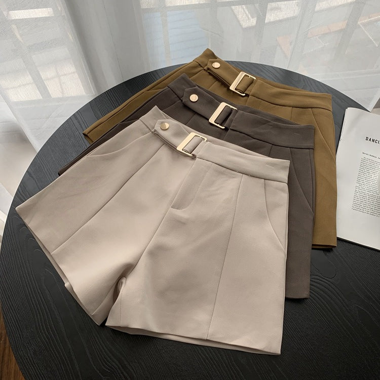 Hanging buckle high waist casual pants A word retro hundred looks thin solid color wide legs.