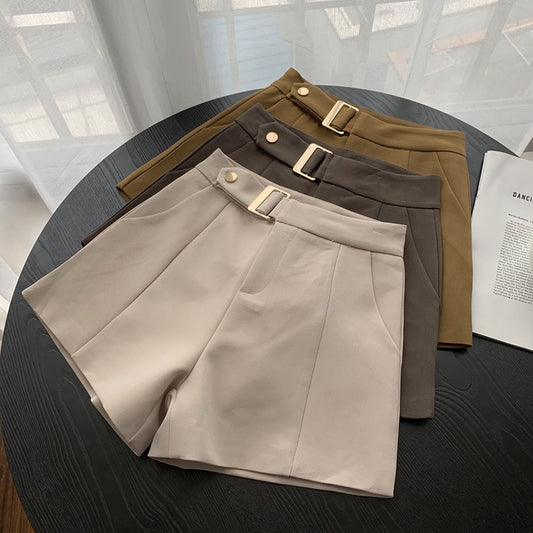 Hanging buckle high waist casual pants A word retro hundred looks thin solid color wide legs.