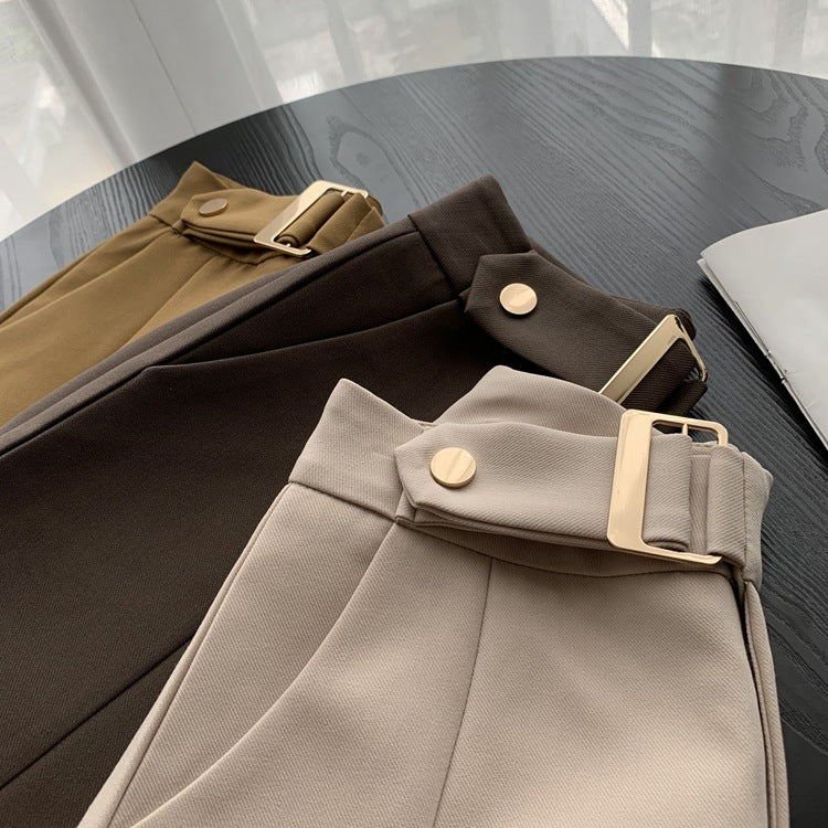 Hanging buckle high waist casual pants A word retro hundred looks thin solid color wide legs.