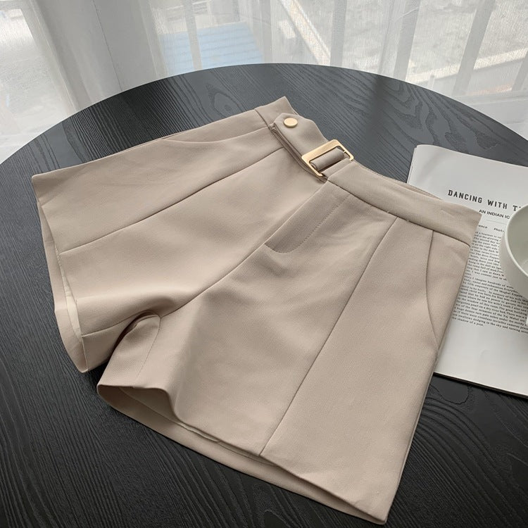 Hanging buckle high waist casual pants A word retro hundred looks thin solid color wide legs.