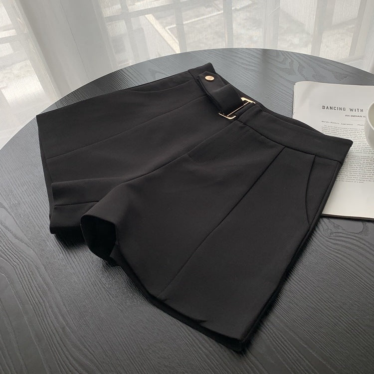 Hanging buckle high waist casual pants A word retro hundred looks thin solid color wide legs.