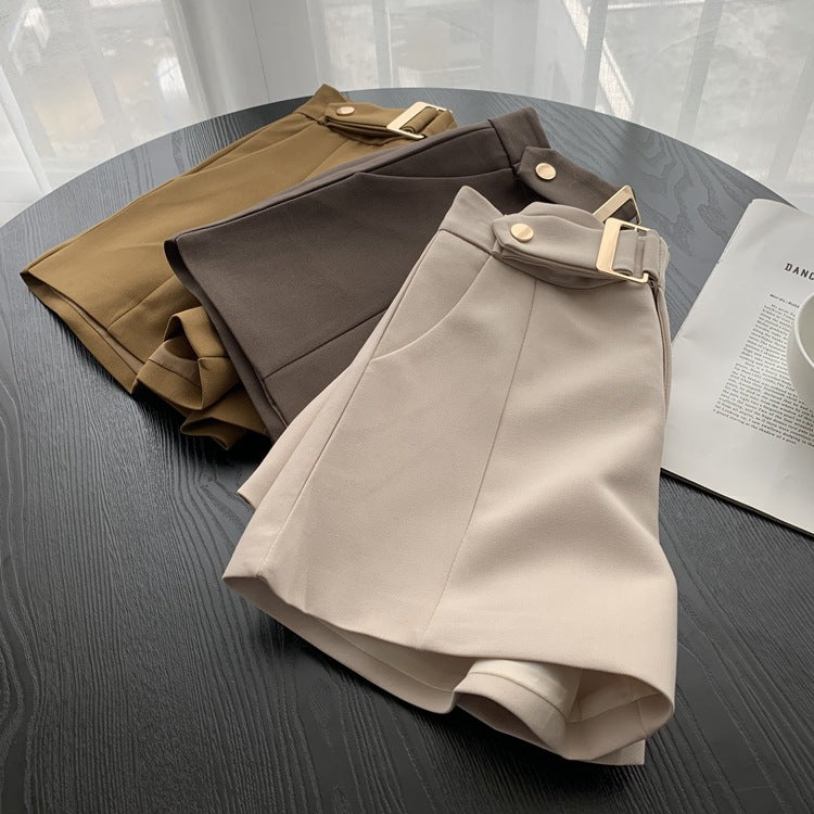 Hanging buckle high waist casual pants A word retro hundred looks thin solid color wide legs.