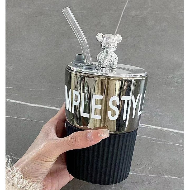 Ins Style Cute Heat-Resistant Glass Water Cup with Lid and Spoon - High-Value Mug for Girls, Ideal for Office, Coffee, and Breakfast GOLDEN TOUCH