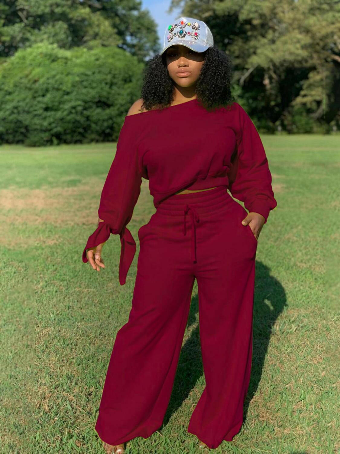 Echoine Autumn Long Sleeve Sexy Off Shoulder Crop Top Wide Leg Pants Two Piece Set lounge wear Casual Fashion Tracksuit Outfit.