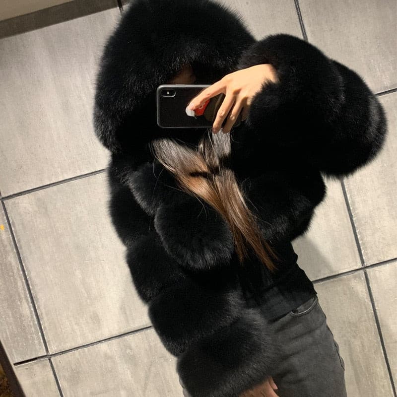 Furry Cropped Faux Fur Coats  Jackets Women Fluffy Top Coat Hooded Winter Fur Jacket YINGJIAMEI - GOLDEN TOUCH APPARELS WOMEN