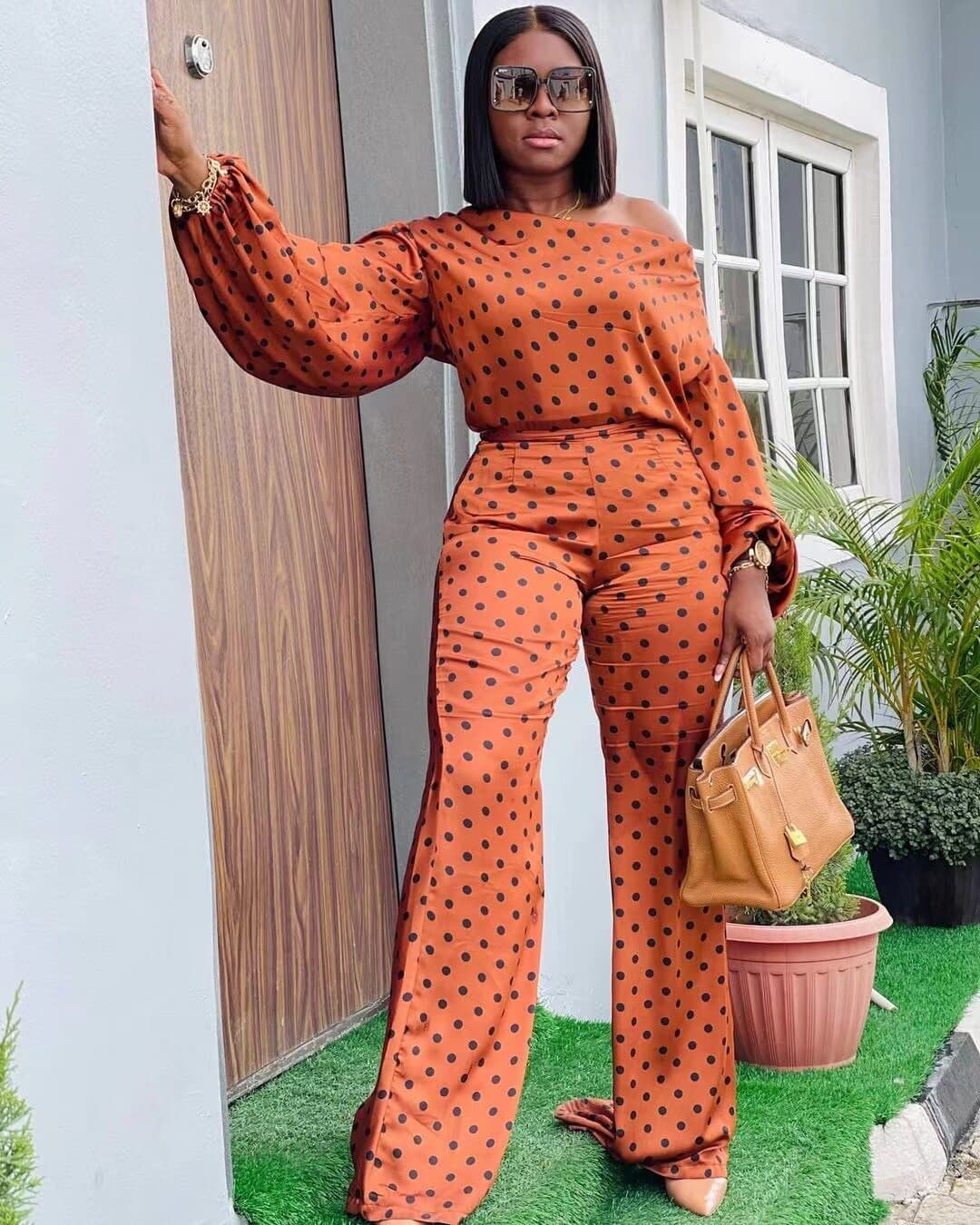 Newest Items  Women Tracksuits 2021 Fashion Dot Print Slash Neck Long Sleeves Loose Wide Leg Pants Jogger Two Pieces Outfits.