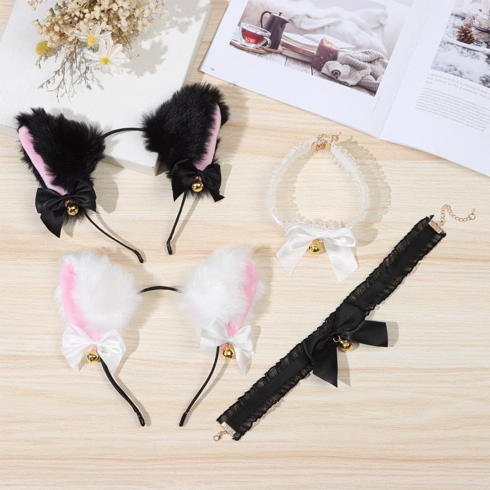 1Set Cat Ear Headband With Bells Necklace Plush Furry Cat Ears Headwear Fancy Dress Hairband Women Girls Party Cosplay Headwear - GOLDEN TOUCH APPARELS WOMEN