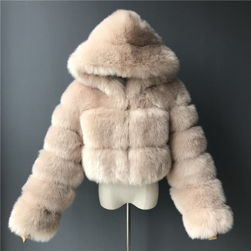 Furry Cropped Faux Fur Coats  Jackets Women Fluffy Top Coat Hooded Winter Fur Jacket YINGJIAMEI - GOLDEN TOUCH APPARELS WOMEN