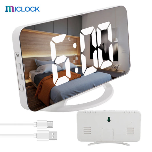 Digital Alarm Clock 7" Large LED Mirror Electronic Clocks with Touch Snooze Dual USB Charge Desk Wall Modern Clocks