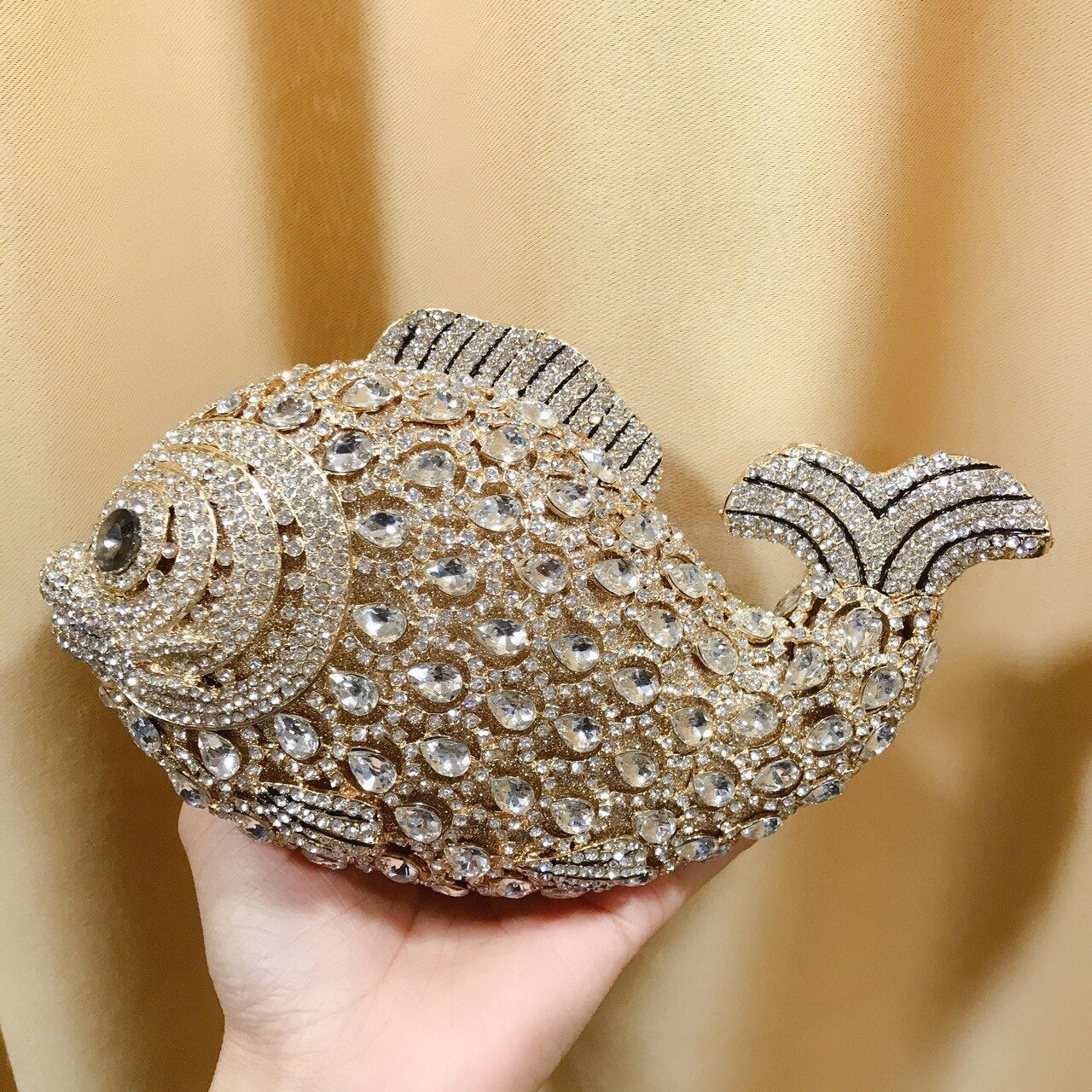 XIYUAN Gold Dazzling Fish Shape Crystal Diamond Women Evening Clutch Bag Bridal Wedding Gift Lovely Dinner Party Handbag Purse.