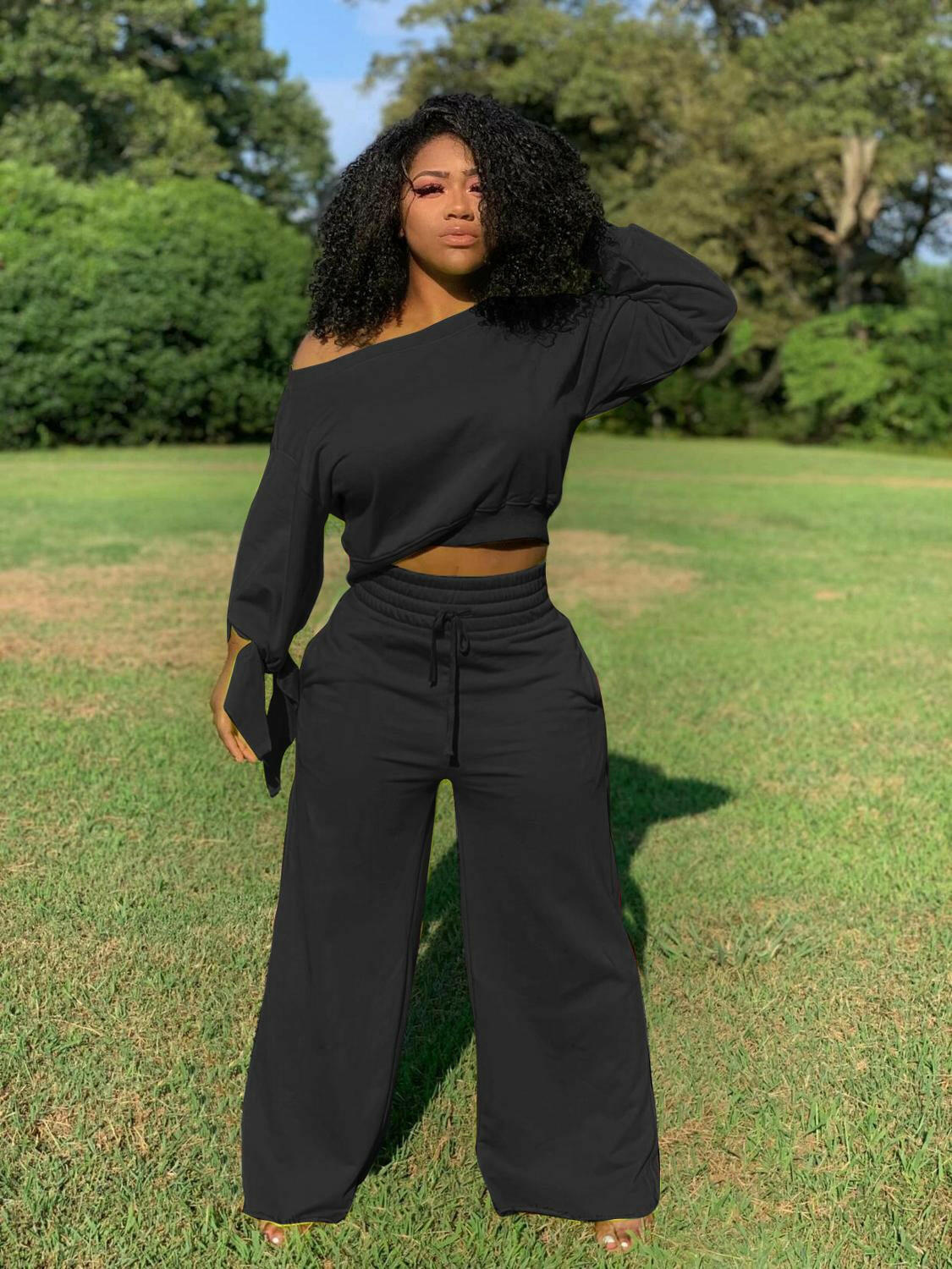 Echoine Autumn Long Sleeve Sexy Off Shoulder Crop Top Wide Leg Pants Two Piece Set lounge wear Casual Fashion Tracksuit Outfit.