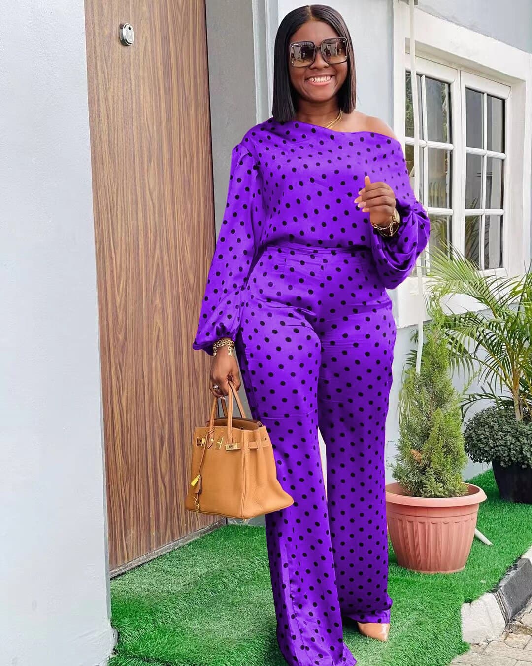 Newest Items  Women Tracksuits 2021 Fashion Dot Print Slash Neck Long Sleeves Loose Wide Leg Pants Jogger Two Pieces Outfits.