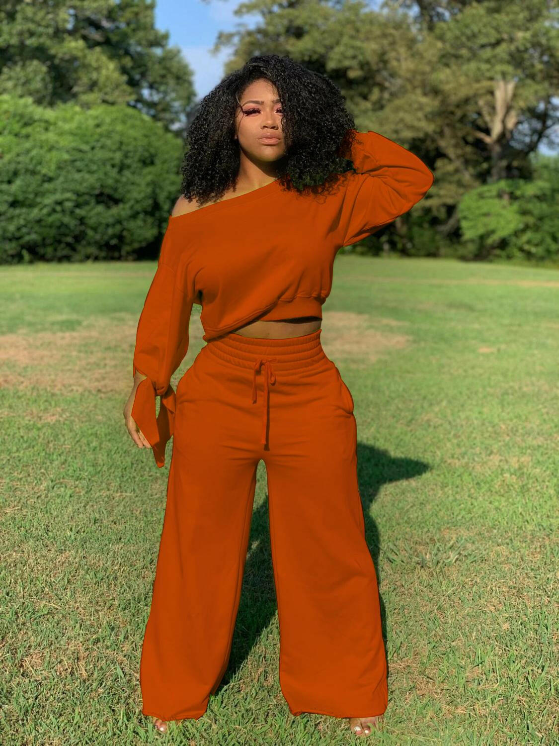 Echoine Autumn Long Sleeve Sexy Off Shoulder Crop Top Wide Leg Pants Two Piece Set lounge wear Casual Fashion Tracksuit Outfit.