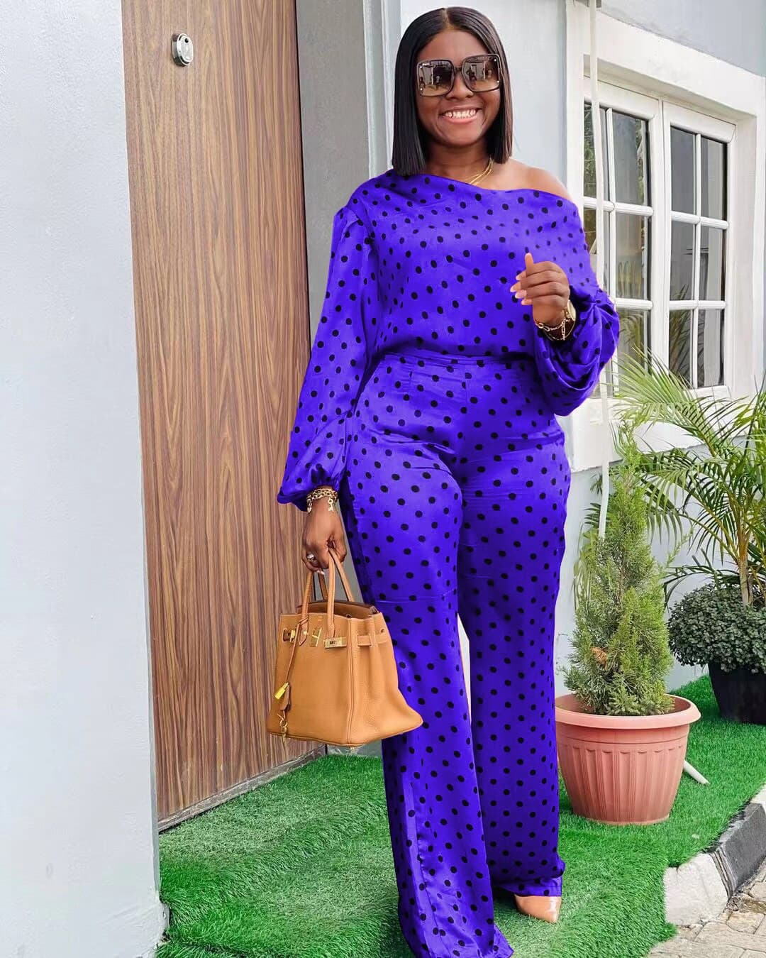 Newest Items  Women Tracksuits 2021 Fashion Dot Print Slash Neck Long Sleeves Loose Wide Leg Pants Jogger Two Pieces Outfits.