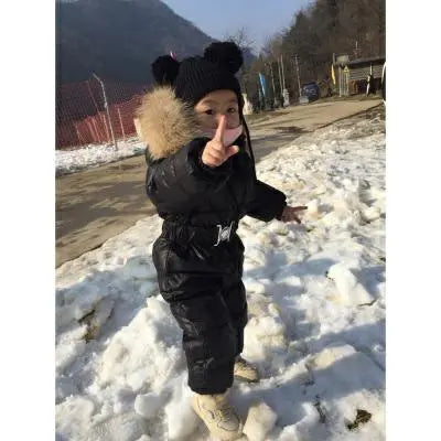 : "Warm Winter Baby Rompers with Duck Down Padding and Real Fur Collar for Boys and Girls (1-5 Years)"