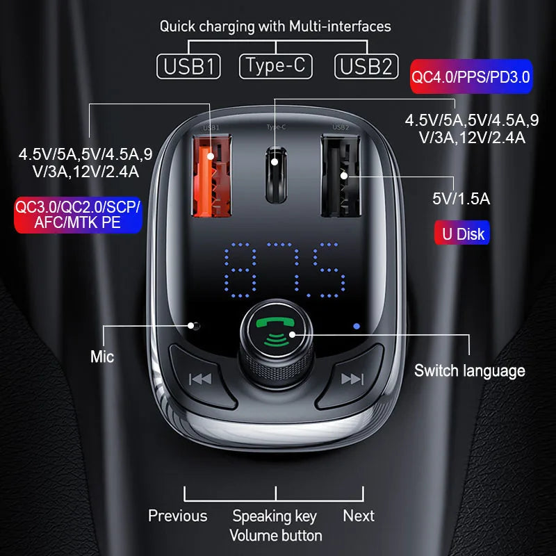 Upgrade Your Car with the Advanced Bluetooth 5.0 FM Transmitter Handsfree Car Kit, featuring Fast Charger and Auto FM Modulator