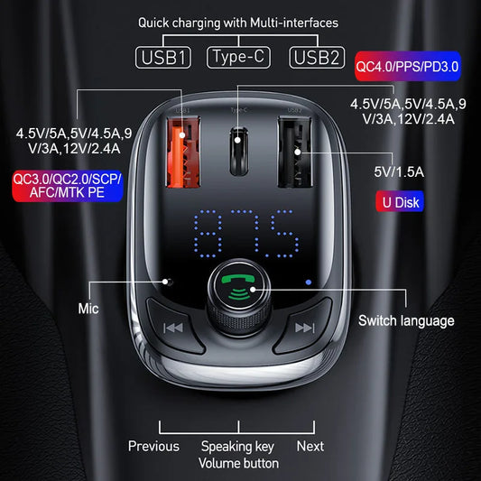Upgrade Your Car with the Advanced Bluetooth 5.0 FM Transmitter Handsfree Car Kit, featuring Fast Charger and Auto FM Modulator